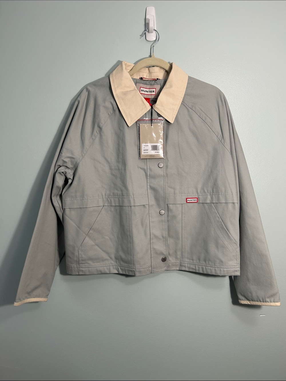 Hunter Large Jacket Collar Pockets Barn Utility Canvas Olive Gray Zips Snaps NWT